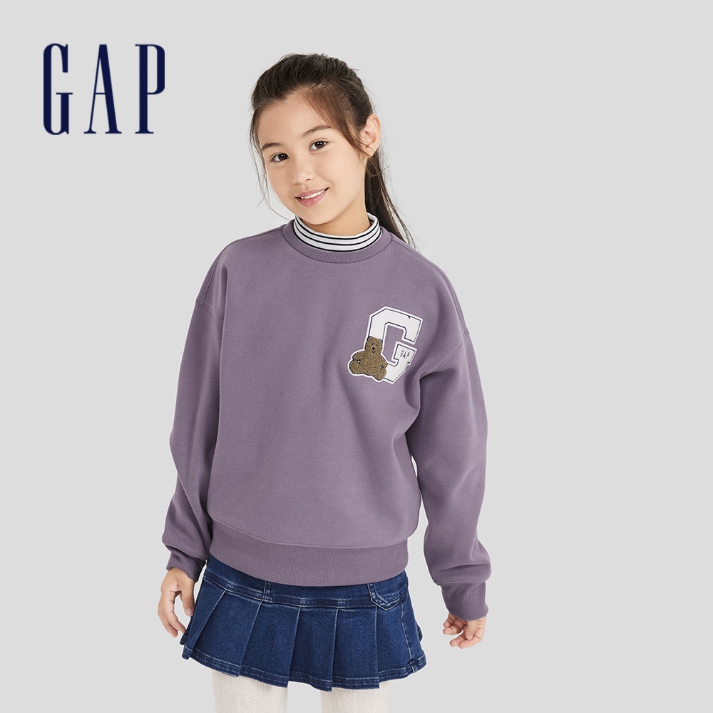 Gap 女童裝 Logo小熊印花立領大學T-紫色(786410)