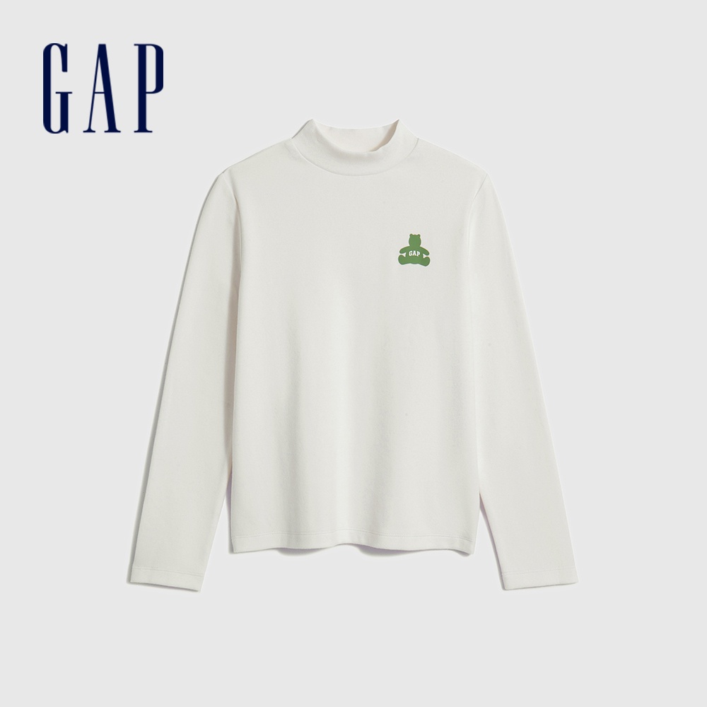 Gap 女童裝 Logo小熊印花立領長袖T恤-白色(810800)