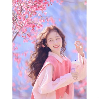 免運芭比芭比穿搭多巴胺穿搭聖誕節穿搭萬聖節穿搭 【兩件套裝】學院小香風針織馬甲粉色襯衫高階感活潑減齡春秋新款