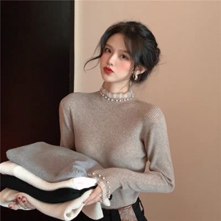 【YW】蕾絲邊半高領長袖女 針織衫女 秋冬新款內搭長袖 針織內搭上衣 女生顯瘦上衣 長袖t恤女