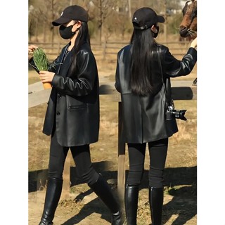 皮衣外套 機車外套 韓版 黑色皮衣女外套春秋中長版2023新版爆版高階感風衣顯瘦西裝皮夾剋 皮外套女生 短版皮外套 ST