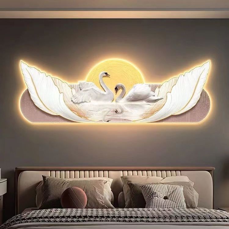 【精品】現代羽毛床頭裝飾畫沙發臥房主臥室高檔led帶燈掛畫高級發光壁畫
