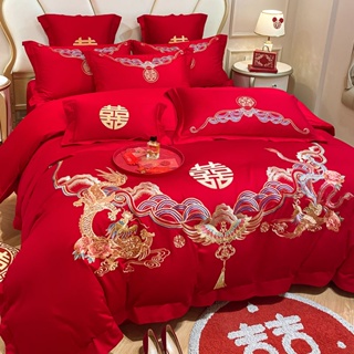 高檔中式龍鳳結婚四件套大紅色床單床笠被套刺繡喜被婚慶床上用品