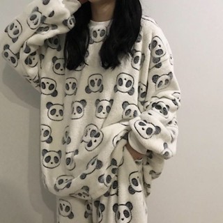 Xuan♥ins可愛熊貓珊瑚絨睡衣女秋冬季甜美韓版法蘭絨家居服保暖套裝女