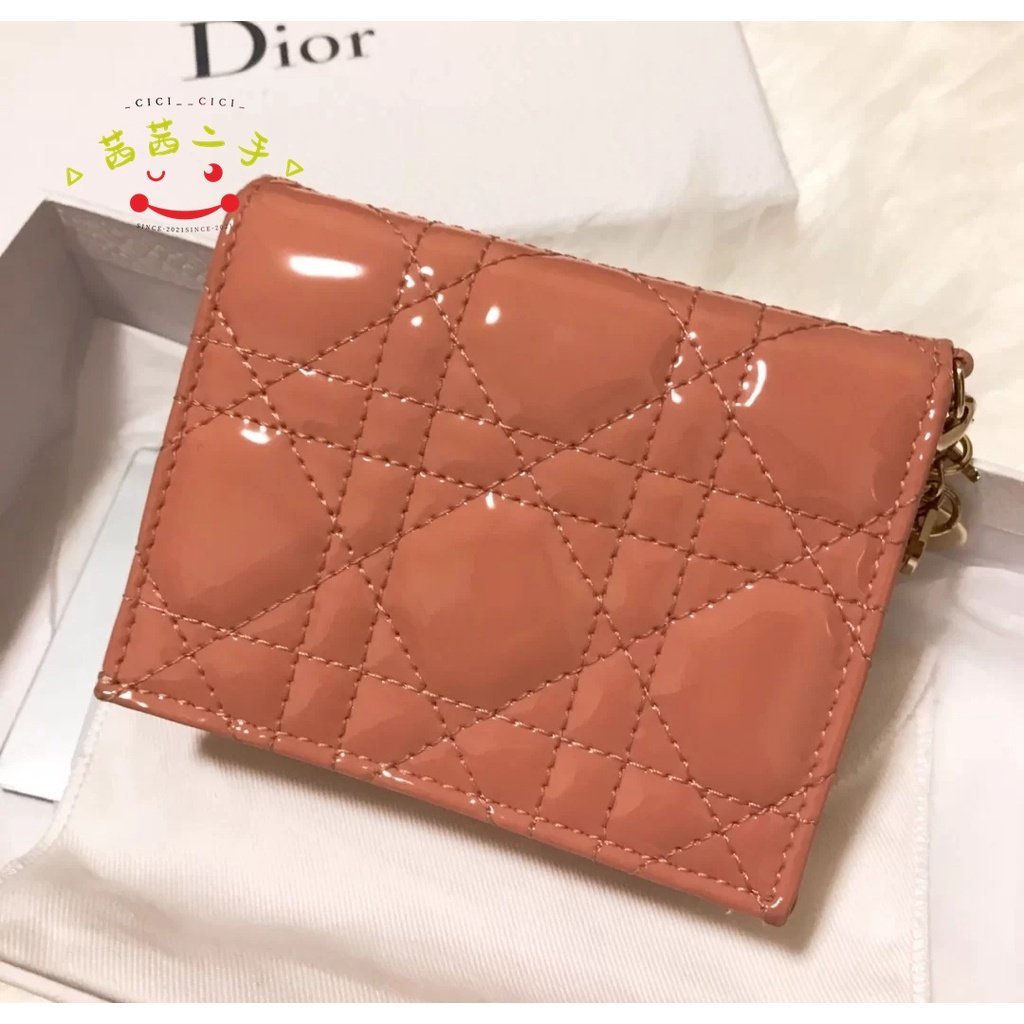 二手正品Dior(迪奧)藤格紋漆皮CD吊飾小錢包 短夾 卡包 零錢包 對折錢包