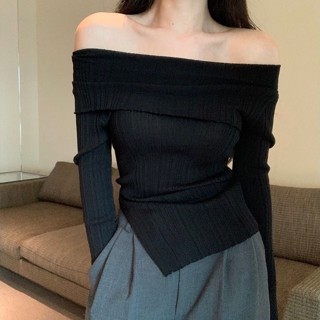 【Wik】長袖t恤 針織毛衣 衣服女 長袖 上衣 春秋季性感內搭慵懶打底衫高階感針織上衣純慾黑色一字肩毛衣女