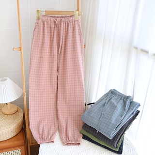 臺灣出貨 夏天居家褲 家居服 純棉睡褲 休閒棉麻水洗棉格子情侶款棉質寬鬆束口長褲 收口褲 男女防蚊褲 防曬褲 家居褲