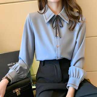 【Wik】長袖 襯衫 衣服女 上衣 女襯衫 薄 外套 新款雪紡襯衫上衣蝴蝶結係帶翻領襯衫女百搭襯衣長袖打底衫
