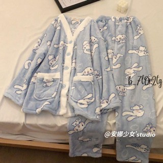 珊瑚綁睡衣 睡衣女冬季V領大耳狗珊瑚絨家居服新款ins日系法蘭絨開衫兩件套裝