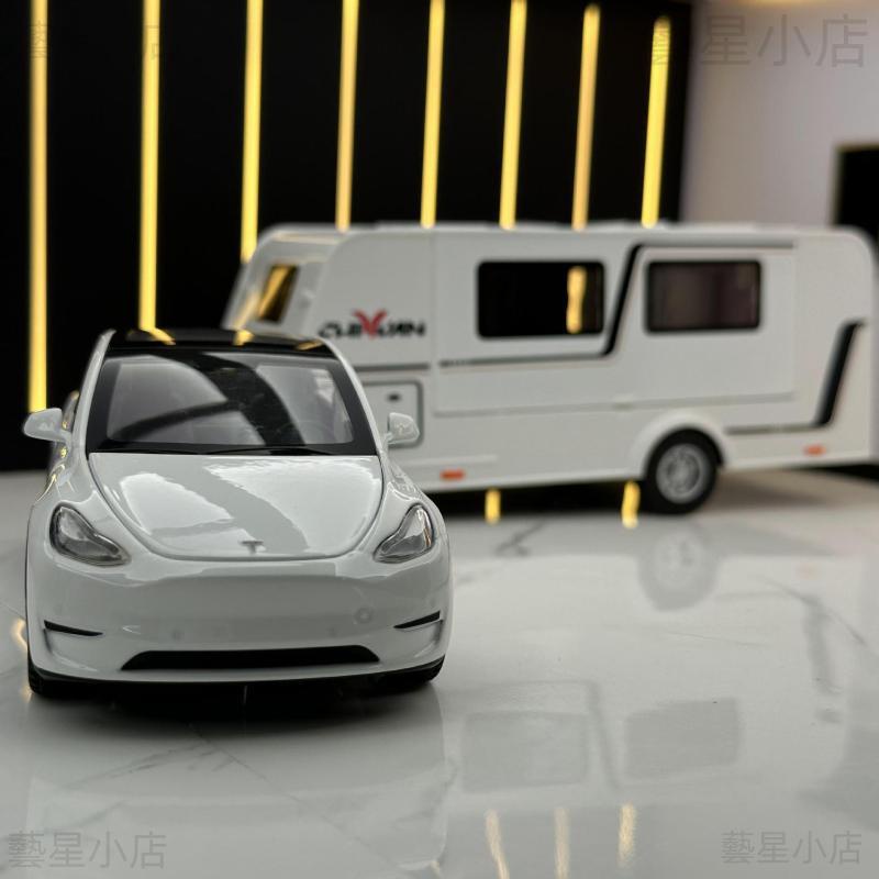 特斯拉模型車 1:32 ModelY模型車 拖掛車 休旅車模型 露營車玩具 露營車模型 聲光 回力玩具車 合金玩具車擺件