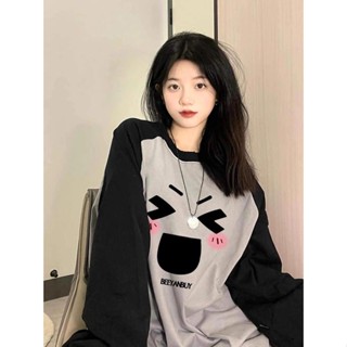 【Sweet oversize】早秋薄款拚接撞色長袖T恤女學生韓版寬鬆設計感上衣內搭打底衫ins