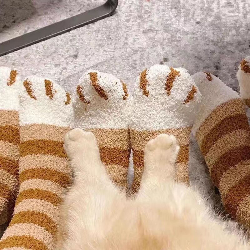台/熱賣保暖襪 毛絨襪子女珊瑚絨秋冬加厚保暖長筒襪地板襪貓爪可愛居家睡眠女襪