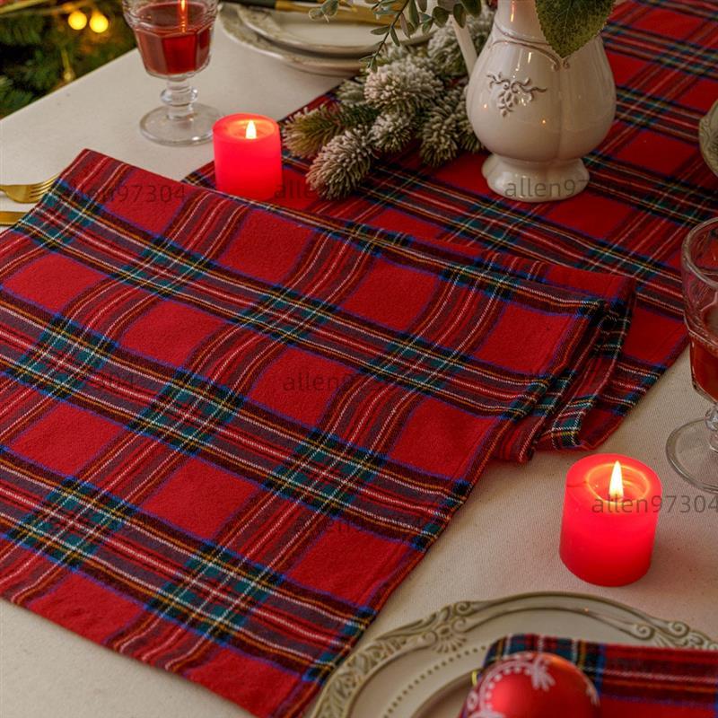 【熱賣】桌旗大紅色格紋餐墊聖誕桌布耐熱家用杯墊耶誕聖誕裝飾交換禮