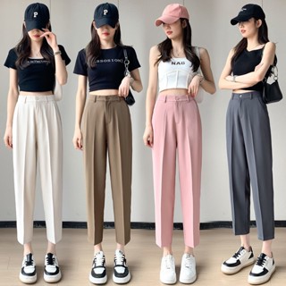 「小隻女」韓版西裝褲 新款 粉色西褲 秋季新款 高腰直筒褲 冰絲長褲 寬鬆顯瘦 煙管褲 哈倫九分褲女 顯瘦直筒褲