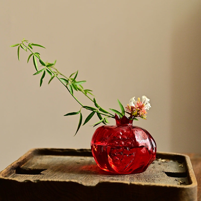 ❤️新店開業 底價衝量❤️簡約 中式 紅色玻璃 石榴花器 餐桌 茶席 桌面 花瓶擺件 水培植物 高顏值