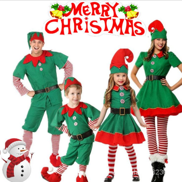 聖誕裝扮小精靈聖誕服親子裝舞會男女聖誕節套裝 派對聚會服裝兒童聖誕服裝兒童聖誕樹錶演服連衣裙造型服飾 M0AE