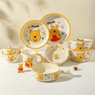迪士尼維尼熊兒童陶瓷碗家用卡通餐具套裝可愛飯碗面碗餐盤