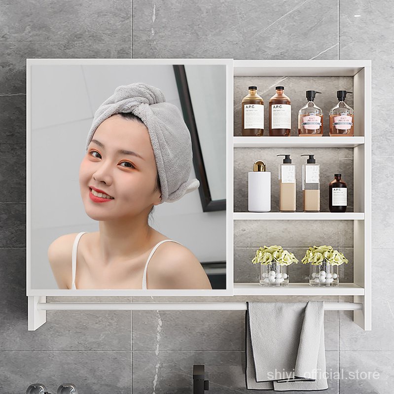 ⚡高雄出貨⚡現代簡約浴室鏡櫃單獨掛墻式衛生間梳妝鏡子簡約帶置物架翻蓋鏡子