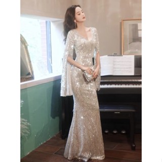 【免運】5色S-4XL大尺碼晚禮服長裙 閃亮亮片刺繡長禮服長洋裝2021秋冬新款輕奢小眾長袖禮服洋裝 婚禮洋裝伴娘服生日