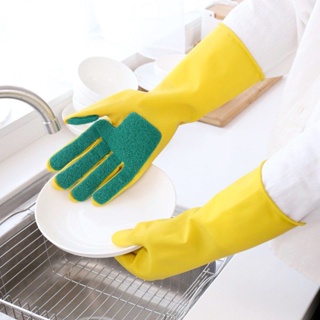 傢用廚房清潔乳膠手套帶百潔佈洗碗手套護手防水橡膠手套