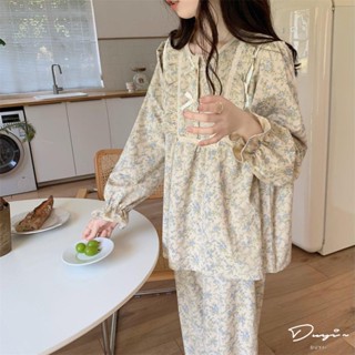 DUYI~夢詩甜美荷葉邊蝴蝶結碎花睡衣女春秋新款長袖長褲少女家居服兩件套裝