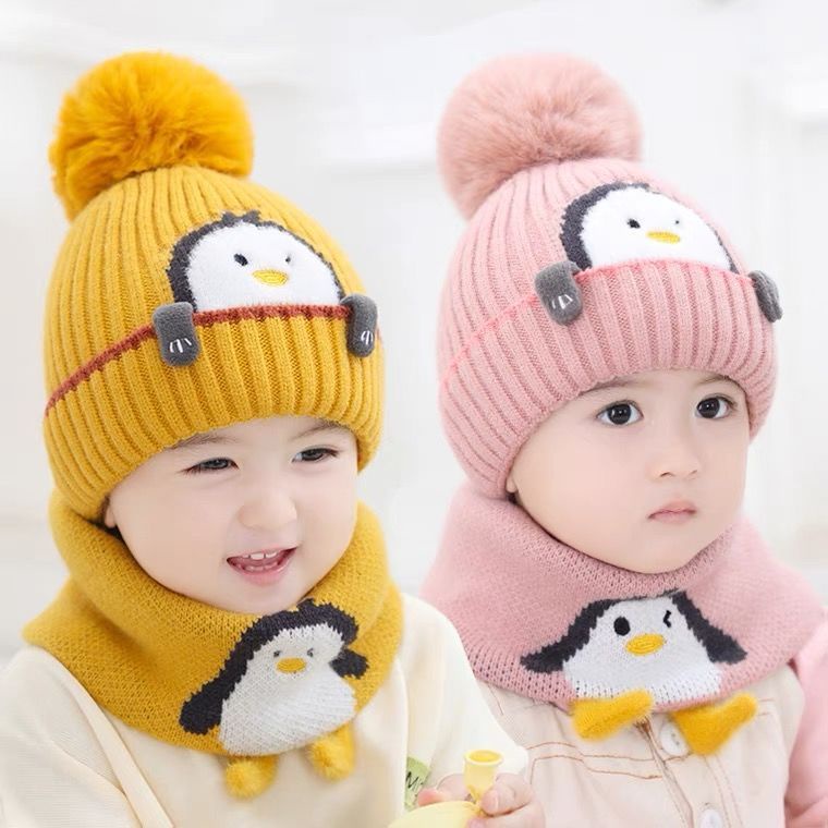 寶寶帽子圍脖二件套秋冬季男女童針織毛綫加絨加厚保暖卡通嬰兒帽EKJB
