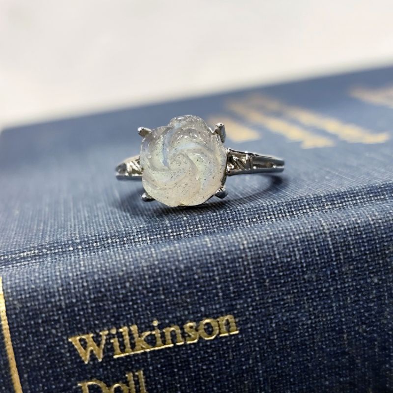 強光♥英國帶回英國Harrods天然拉長灰月光貓眼效應復古風手工雕刻925純銀戒指