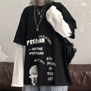 【可可裡】秋裝韓版ins復古寬鬆學生原宿風bf假兩件拼接長袖t恤女上衣打底衫