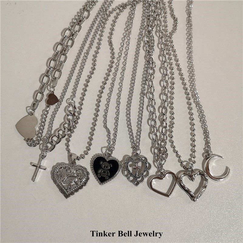 Kpop Goth Silver Color Heart Cross Pendant Chain Necklace Fo