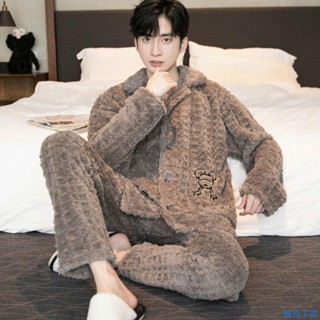 韓版 秋冬睡衣 棉質 法蘭絨 情侶睡衣 套裝 居家服 大尺碼 睡袍珊瑚絨男士睡衣男冬季加厚加絨保暖青春秋冬天法蘭絨