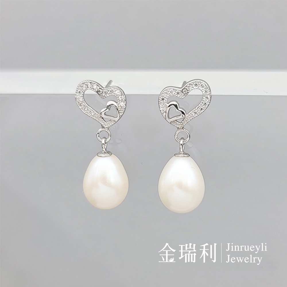 金瑞利珠寶天然珍珠 相戀 15×9mm珍珠水鑽純銀耳環針式耳環