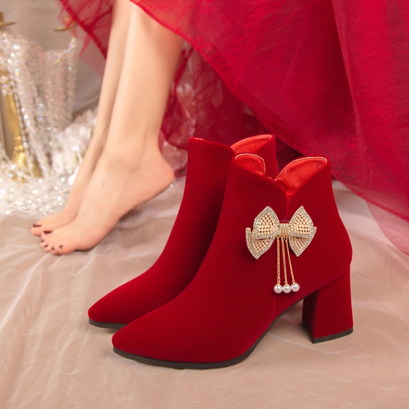 婚鞋 女 新款 粗跟 紅色 新娘 秀禾 婚紗 兩穿 結婚 短靴子 高跟 不累腳 婚禮鞋品牌 紅色高跟鞋