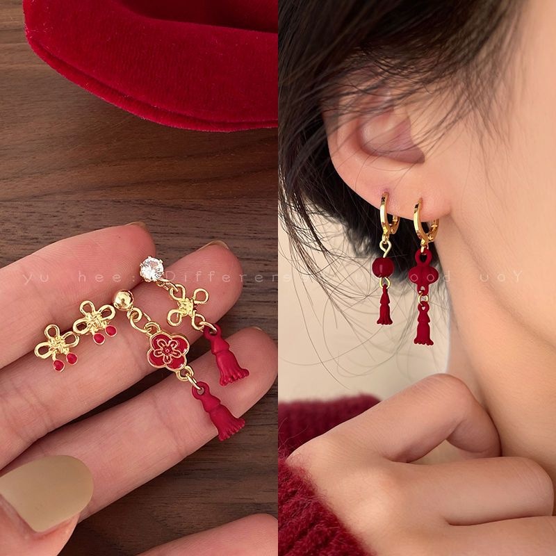 新中式時尚國風新年紅色耳環套裝女新款潮耳釘適閤過年的不對稱耳飾簡約法式時尚韓國耳環新中式耳環耳針扣耳墜耳飾y2k時尚氣質