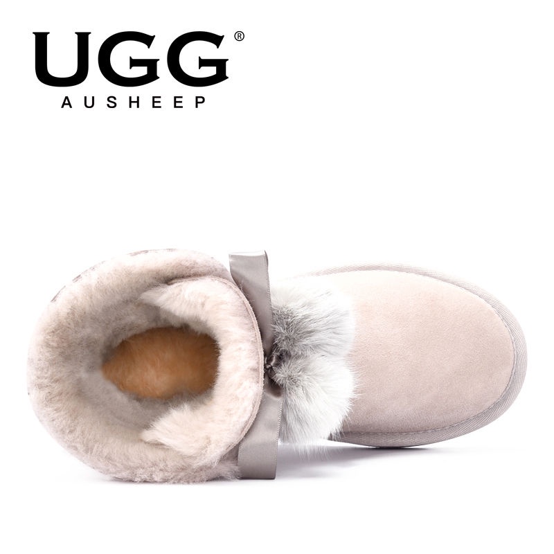 AUSHEEP UGG雪地靴女 冬季可愛羊毛靴 羊皮毛一體毛球款女短靴