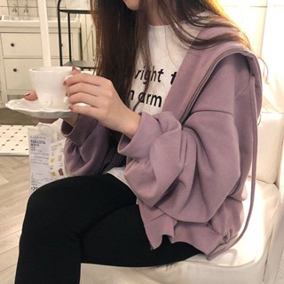 韓版寬鬆休閒連帽外套 秋冬外套 休閒外套 連帽外套女 無刷毛外套 加絨加厚衛衣 素面外套 灰色外套 外套女 長袖連帽外套