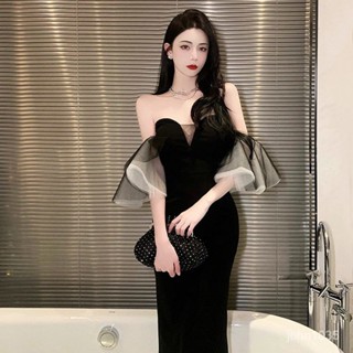 免運🔥 顯瘦 伴娘裙 婚禮晚禮服 婚禮洋裝 宴會洋裝 韓式禮服赫本風晚禮服裙女氣質輕奢小眾高階法式性感黑色抹胸連衣裙子