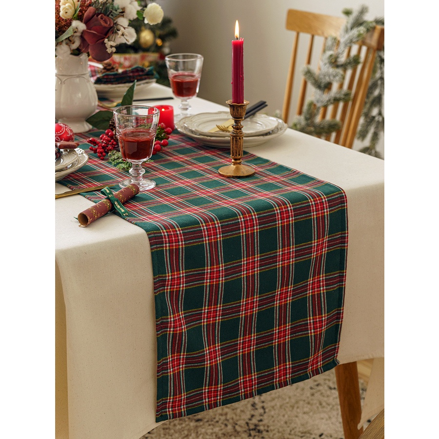 桌旗 聖誕 紅綠 格子 桌旗 美式 復古 餐墊 節日 氛圍感 布藝 家用 邊櫃 蓋布 裝飾