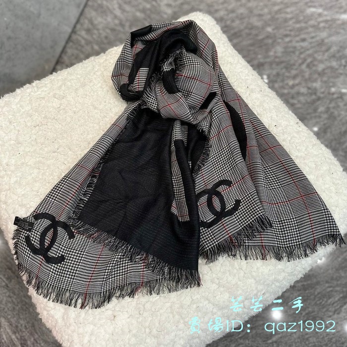 二手 CHANEL 香奈兒 Cashmere 雙面 灰黑 CC 格紋 絲綢 喀什米爾 羊絨 圍巾 披肩