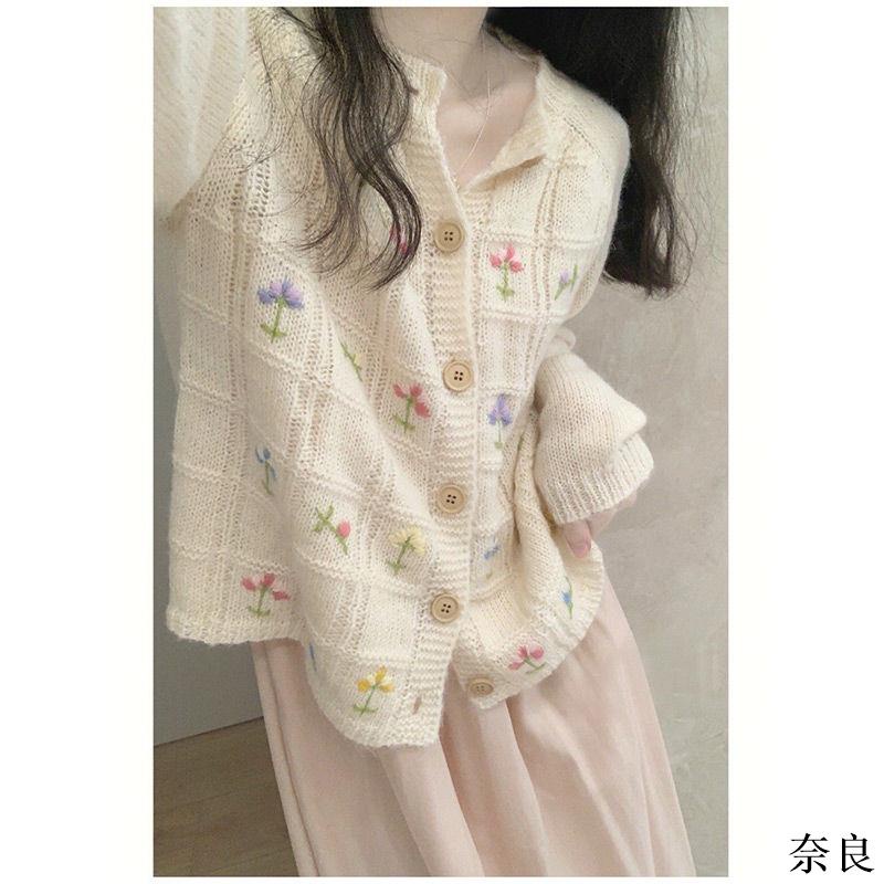 秋季日系復古慵懶風刺繡毛衣女設計感小香風刺繡花朵針織開衫外套