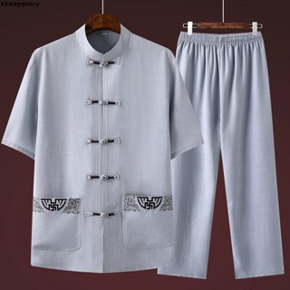 【烈焰】👔臺出高品質夏季短袖唐裝男休閑套裝中國風男士爸爸裝爺爺漢服中老年衣服上衣