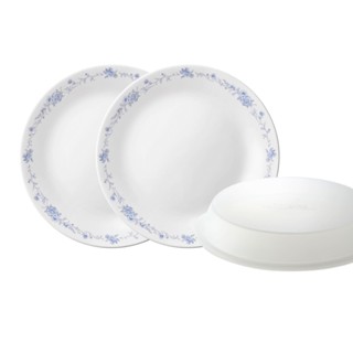 【美國康寧 CORELLE】優雅淡藍 3件式餐盤組-C01(10吋盤*2+微波蓋*1)