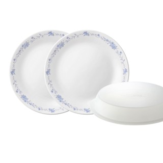 【康寧 Corelle】優雅淡藍 3件式餐盤組-C01(10吋盤*2+微波蓋*1)