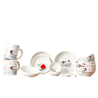 【美國康寧 CORELLE】SNOOPY SNOW 14件式陶瓷餐具禮盒 (原裝進口)