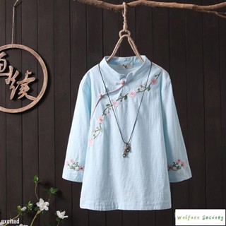 【新款】複古刺繡 漢服上衣 漢服七分袖上衣 大碼女裝 民族風服飾 寬鬆文藝T恤 國風上衣 古裝 唐裝女 漢服