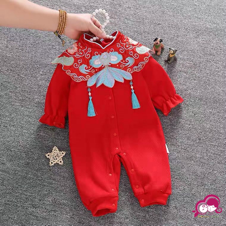 嬰兒週歲服 滿月服 新年服 嬰兒服 嬰兒衣服秋裝新生女寶寶中國風繡花連體衣 滿月百天周歲禮服 抓周宴