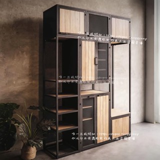 <覓心家居>美式復古鐵藝工業風定製loft鐵木置物櫃酒櫃展示櫃古風櫃子展示架