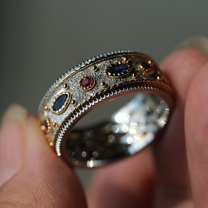 現貨皇家宮廷復古風戒指925銀鑲嵌紅鑽藍鑽義大利工藝歐美指環