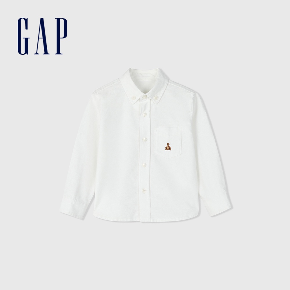 Gap 男幼童裝 Logo純棉小熊刺繡翻領長袖襯衫-白色(890337)