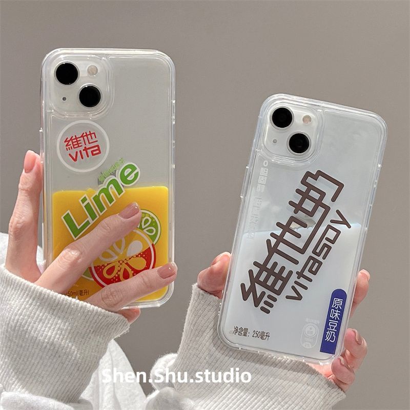 【 蘋果殼 】維他奶檸檬茶液體流沙適用蘋果15ProMax手機殼透明iphone13新款12
