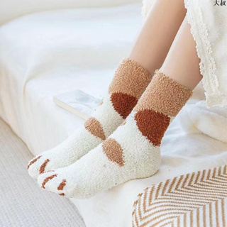 毛毛襪🎭 【12雙裝】毛絨襪子女珊瑚絨秋冬加厚地板襪貓爪可愛居家睡眠女襪